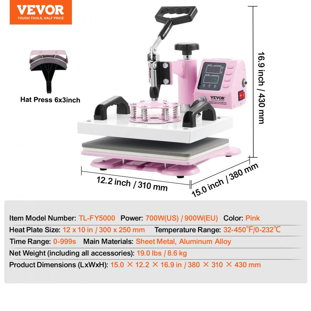 Pink Bostome 12x10 heat press machine with a pull-out drawer and 360° swing arm for T-shirts and hats.