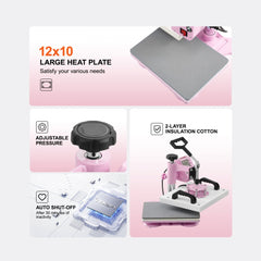 Heat Press Machine 12x10in Heat Transfer Machine for T-Shirts Press Pink