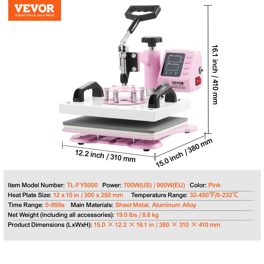 Heat Press Machine 12x10in Heat Transfer Machine for T-Shirts Press Pink