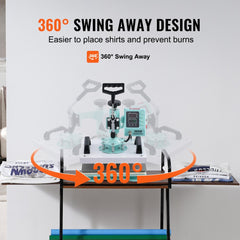 Green Bostome 12x10in heat press machine with a pull-out drawer and 360° swing arm design.