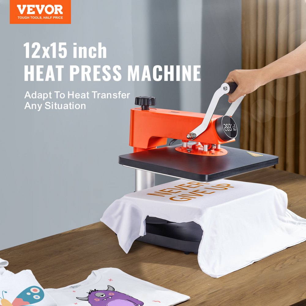 A hand operating the orange 12x15 inch Bostome 6-in-1 swing-away heat press machine on a white t-shirt.