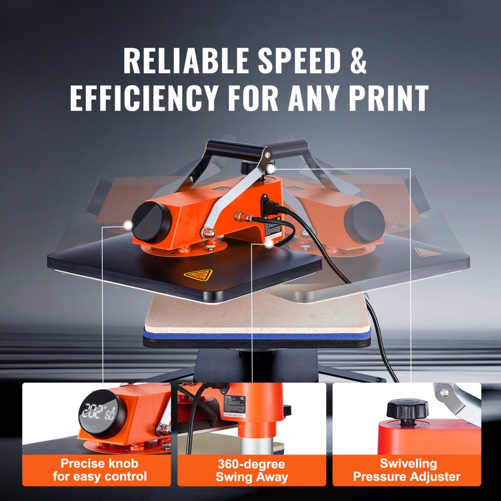 Orange 6-in-1 swing-away heat press machine with 12x15 platen, knob controls, and pressure adjuster.