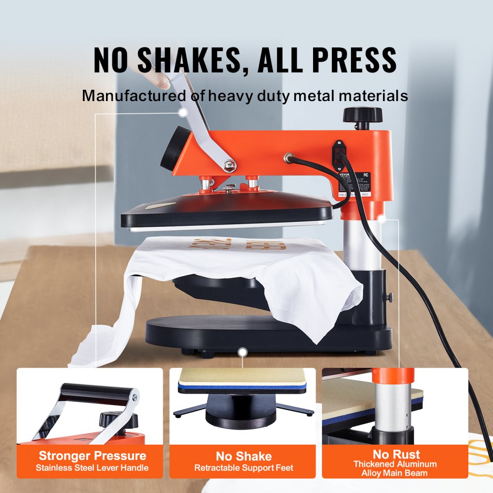 Orange 12x15 heat press machine with swing-away arm, stainless steel handle, and 6 attachments on a stand.