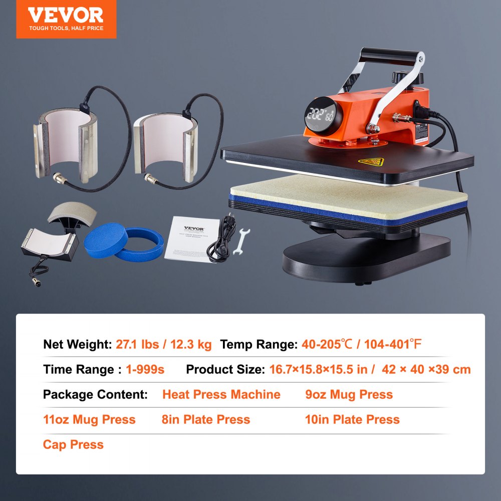 Orange 6-in-1 heat press machine with swing-away arm, mug press, and attachments on gray background.