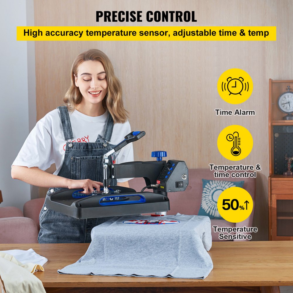 Woman using a blue 15x15 digital swing-away heat press machine to iron a shirt on a table.