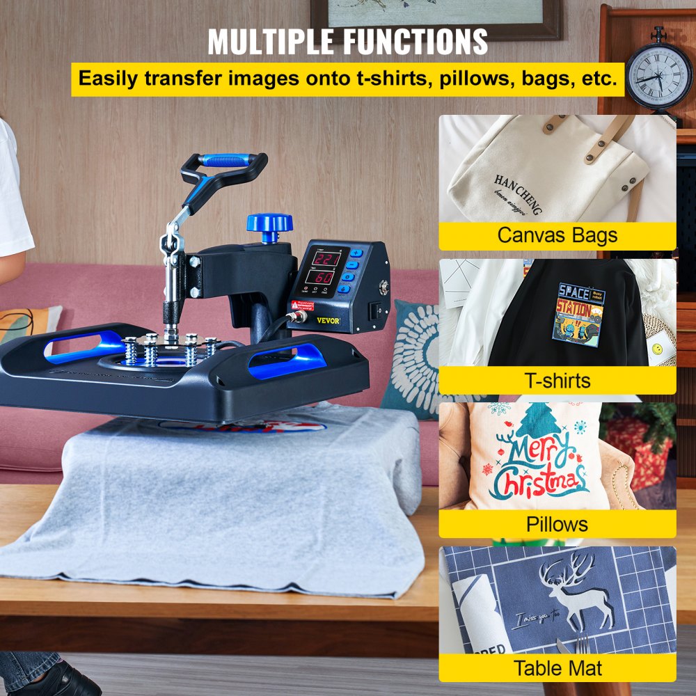 Blue 15x15-inch digital heat press machine with 360-degree swing-away arm for transferring images onto T-shirts, pillows, bags, and mats.