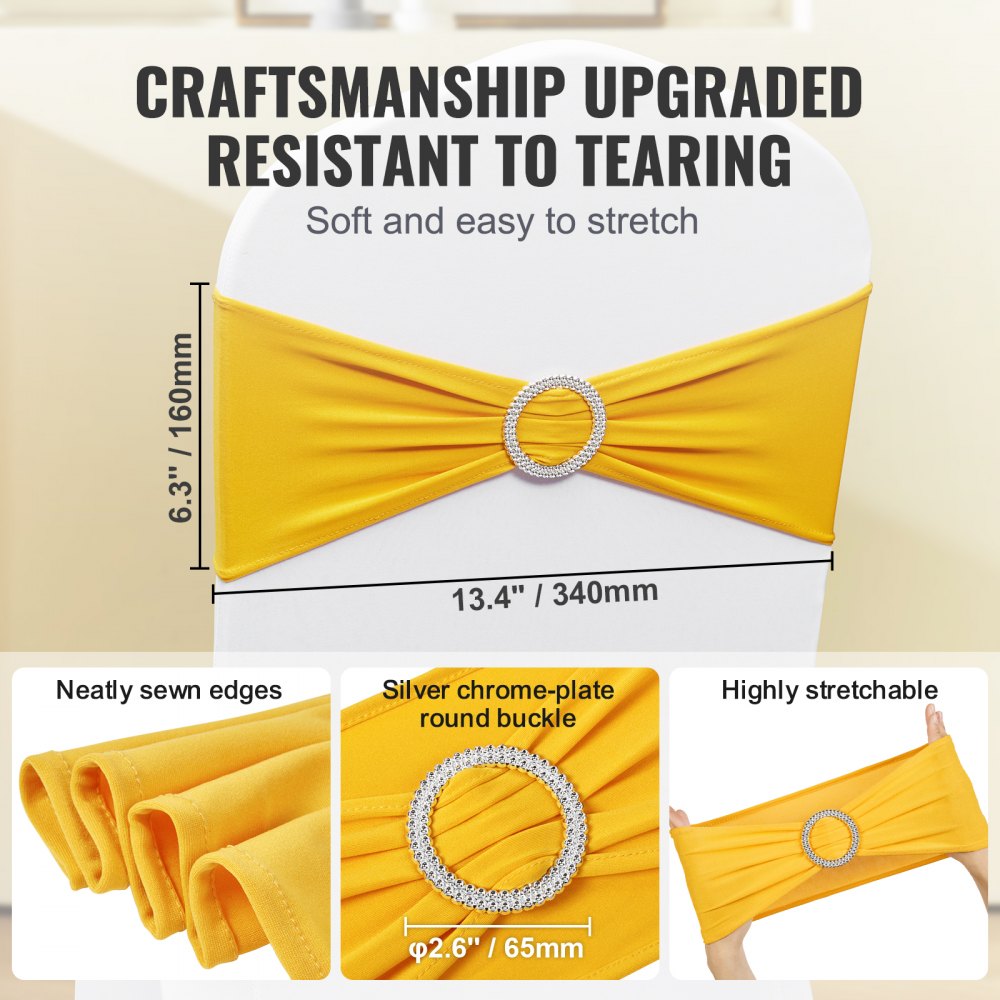Stretch Spandex Chair Sashes, Chair Slipcover and Stretch Chair Sash with Round Buckle, Elastic Chair Bands, Fitting Wedding, Holiday, Banquet, Party Chair Decoration (100 PCS Golden Yellow)