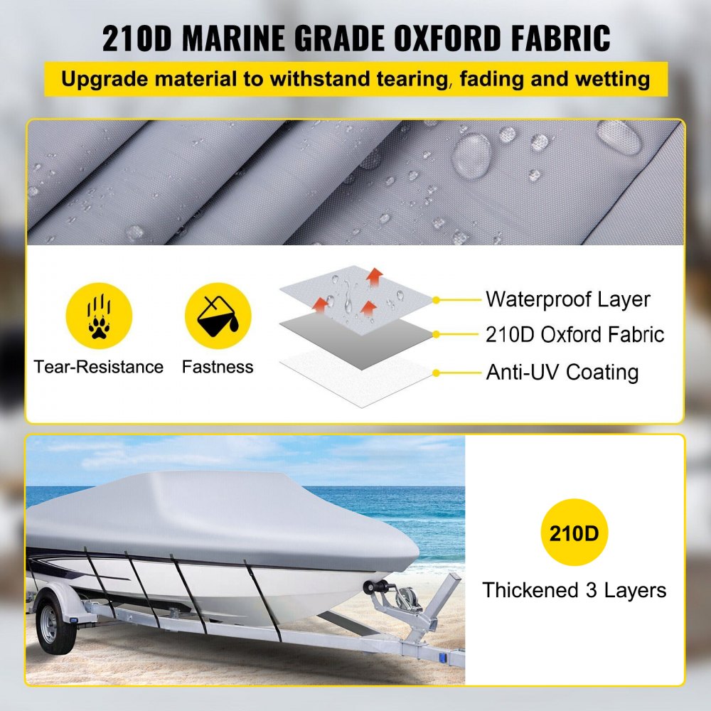 Waterproof Boat Cover, 16`-18.5` Trailerable Boat Cover, Beam Width up to 98" v Hull Cover Heavy Duty 210D Marine Grade Polyester Mooring Cover for Fits V-Hull Boat with 5 Tightening Straps