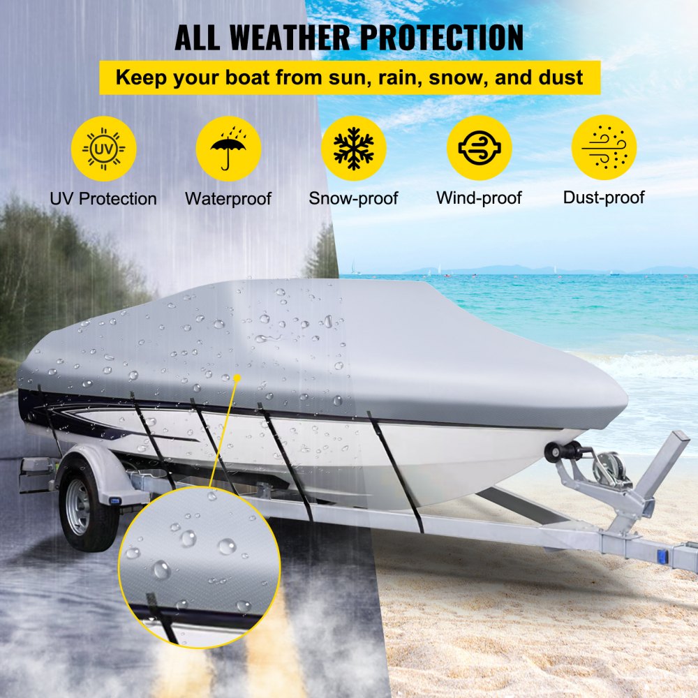 Waterproof Boat Cover, 16`-18.5` Trailerable Boat Cover, Beam Width up to 98" v Hull Cover Heavy Duty 210D Marine Grade Polyester Mooring Cover for Fits V-Hull Boat with 5 Tightening Straps