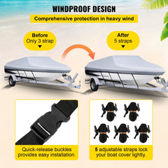 Waterproof Boat Cover, 16`-18.5` Trailerable Boat Cover, Beam Width up to 98" v Hull Cover Heavy Duty 210D Marine Grade Polyester Mooring Cover for Fits V-Hull Boat with 5 Tightening Straps