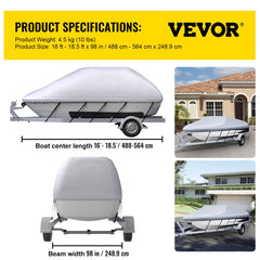 Waterproof Boat Cover, 16`-18.5` Trailerable Boat Cover, Beam Width up to 98" v Hull Cover Heavy Duty 210D Marine Grade Polyester Mooring Cover for Fits V-Hull Boat with 5 Tightening Straps