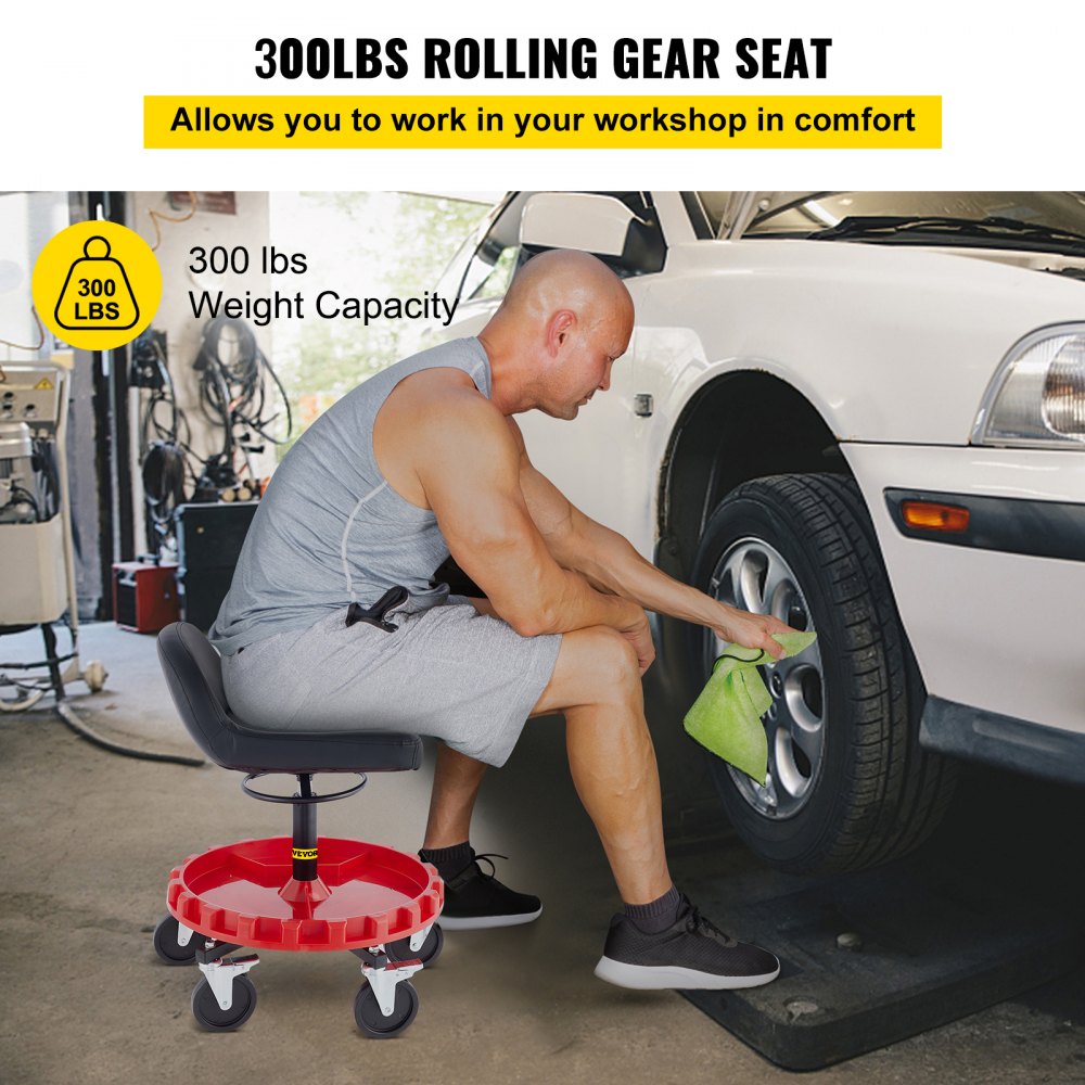 Shop Stool, 300 LBS Rolling Garage Stool, 18” to 23” Adjustable Height Mobile Rolling Gear Seat, Round Tray Garage Pneumatic Stool, All-Terrain 5 " Casters with Two Brakes Mechanic Seat