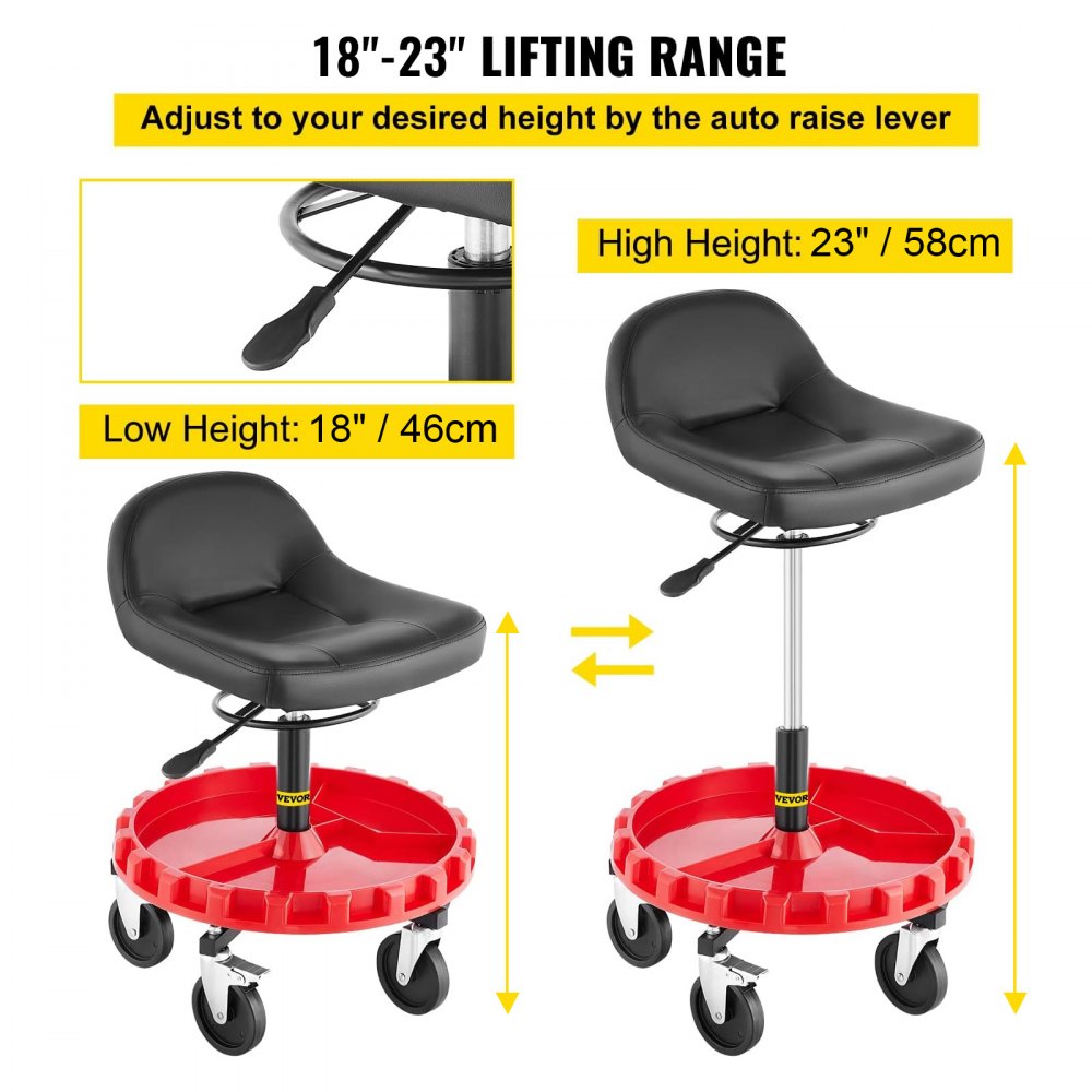Shop Stool, 300 LBS Rolling Garage Stool, 18” to 23” Adjustable Height Mobile Rolling Gear Seat, Round Tray Garage Pneumatic Stool, All-Terrain 5 " Casters with Two Brakes Mechanic Seat