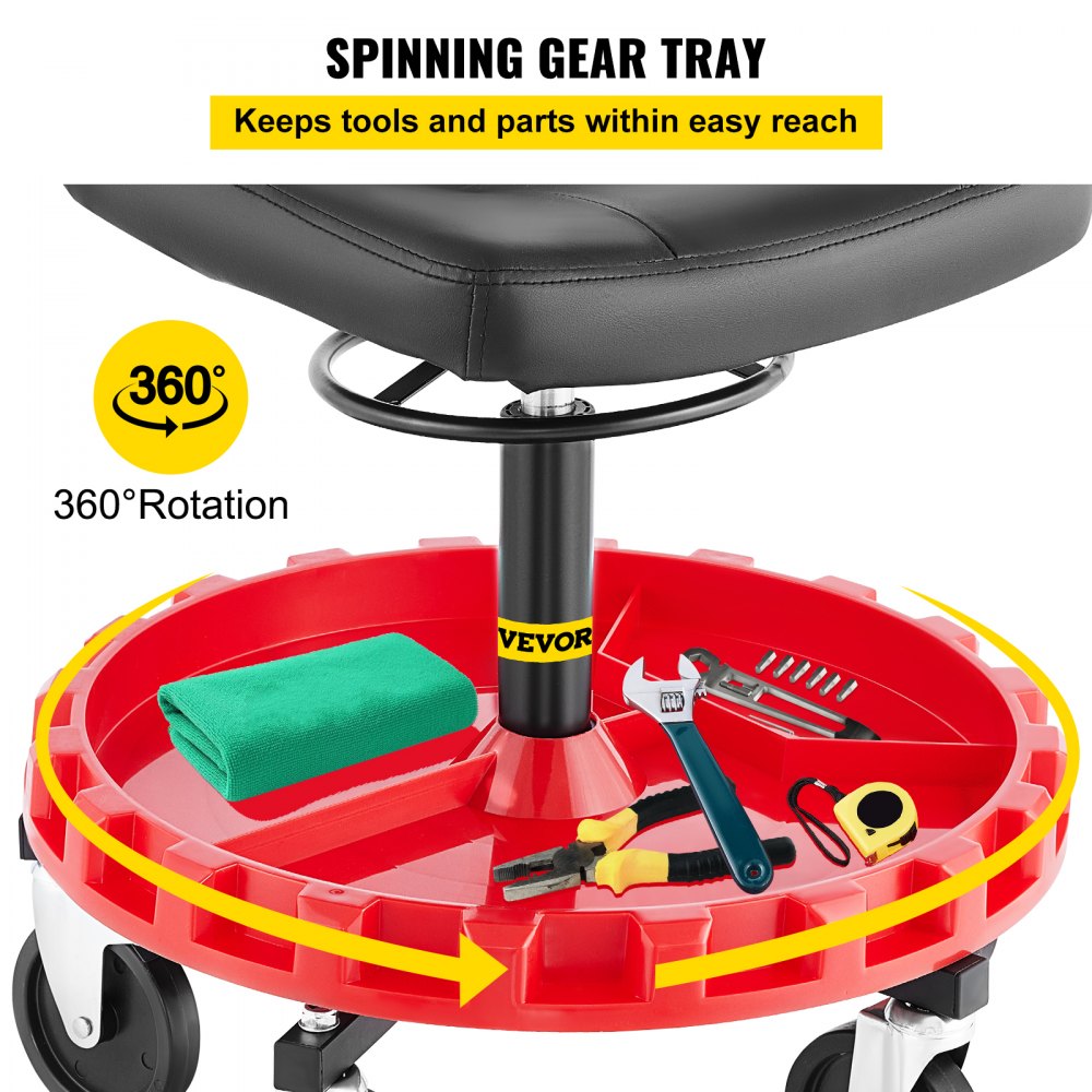 Shop Stool, 300 LBS Rolling Garage Stool, 18” to 23” Adjustable Height Mobile Rolling Gear Seat, Round Tray Garage Pneumatic Stool, All-Terrain 5 " Casters with Two Brakes Mechanic Seat