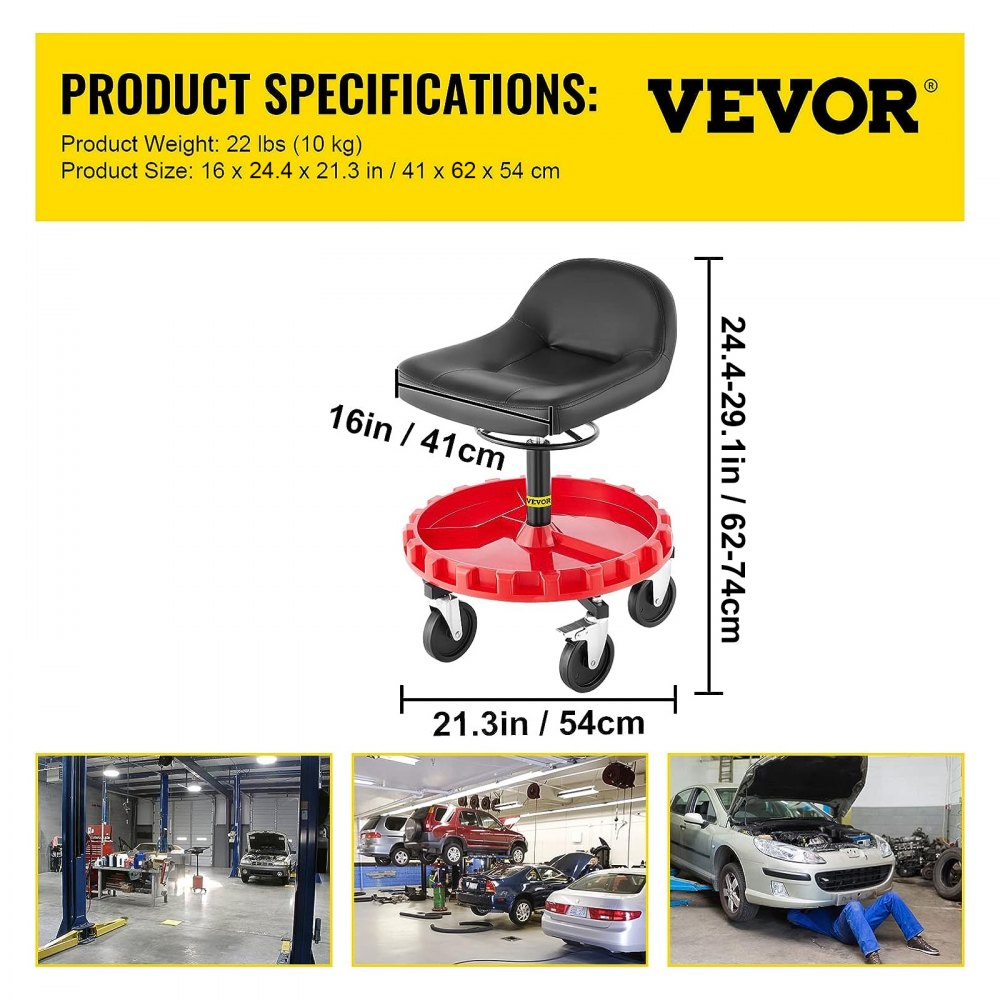 Shop Stool, 300 LBS Rolling Garage Stool, 18” to 23” Adjustable Height Mobile Rolling Gear Seat, Round Tray Garage Pneumatic Stool, All-Terrain 5 " Casters with Two Brakes Mechanic Seat