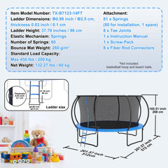 14FT Trampoline, 450 lbs Trampoline with Enclosure Net, Ladder, and Curved Pole, Heavy Duty Trampoline with Jumping Mat and Spring Cover Padding, Outdoor Recreational Trampolines for Kids Adults