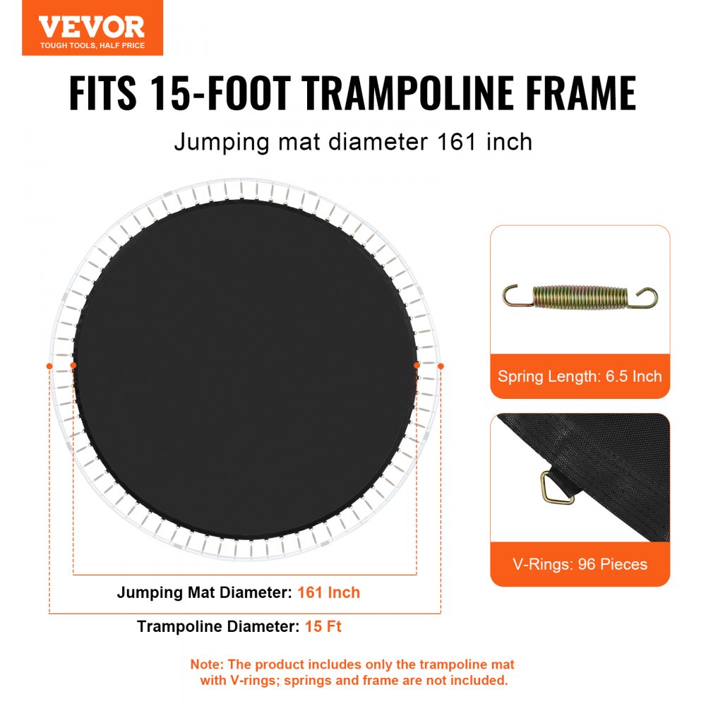 Black 15ft trampoline replacement mat with 161-inch diameter, 96 V-rings, and 6.5-inch springs.