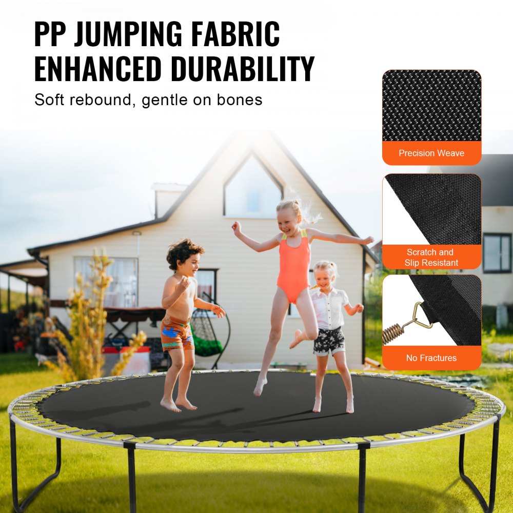 Black 15ft trampoline replacement mat with 96 V-rings for 6.5-inch springs.