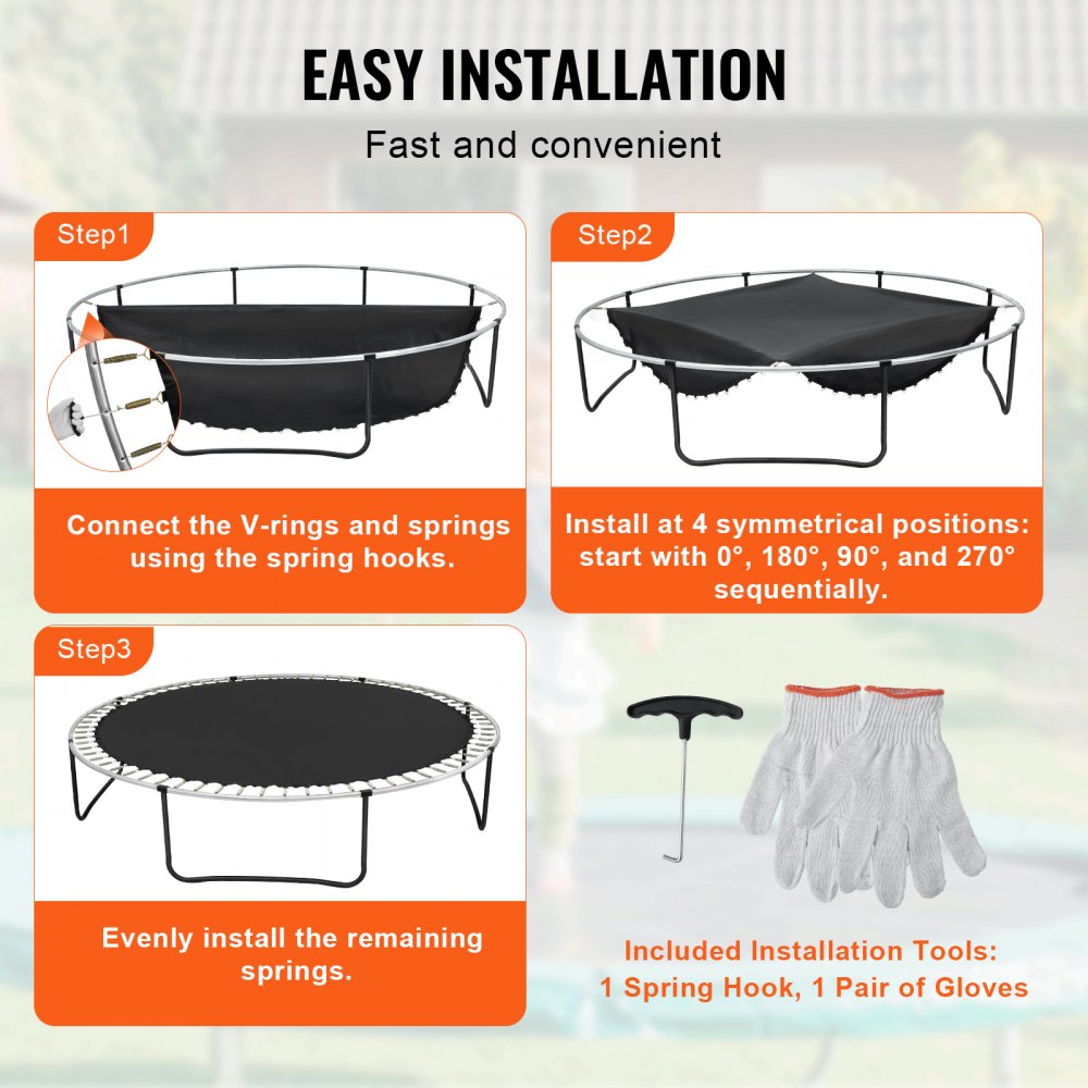 Bostome 15ft round trampoline mat with 96 V-rings and durable UV-resistant PP material.