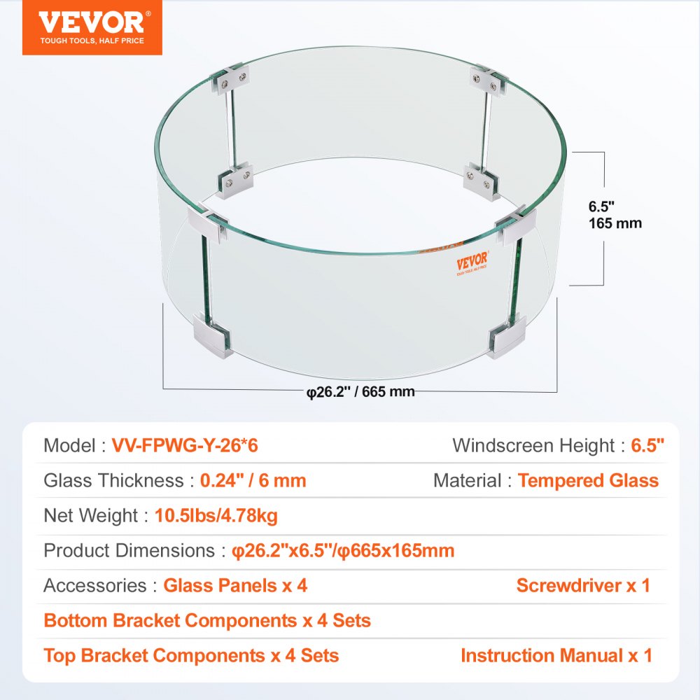Fire Pit Wind Guard, 26 x 26 x 6 Inch Glass Flame Guard, Round Glass Shield, 1/4-Inch Thick Fire Table, Clear Tempered Glass Flame Guard, Aluminum Alloy Feet for Propane, Gas, Outdoor