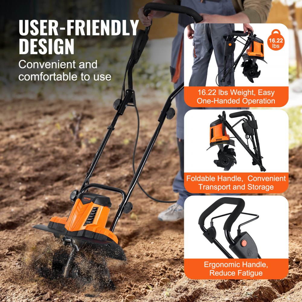 10 Amp Electric Tiller, 14" Tilling Width 3.94" Tilling Depth Corded Electric Tiller/Cultivator, Steel Mn Tines, Rototiller for Garden Lawn Soil Digging