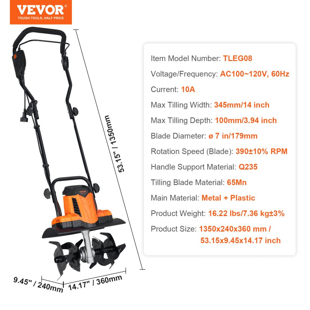 10 Amp Electric Tiller, 14" Tilling Width 3.94" Tilling Depth Corded Electric Tiller/Cultivator, Steel Mn Tines, Rototiller for Garden Lawn Soil Digging