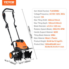 12 Amp Electric Tiller, 18" Tilling Width 3.94" Tilling Depth Corded Electric Tiller/Cultivator, Steel Mn Tines, Rototiller for Garden Lawn Soil Digging