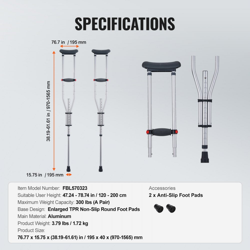 Underarm Crutches 13-Level Height Adjustable Under Arm Walking Crutches