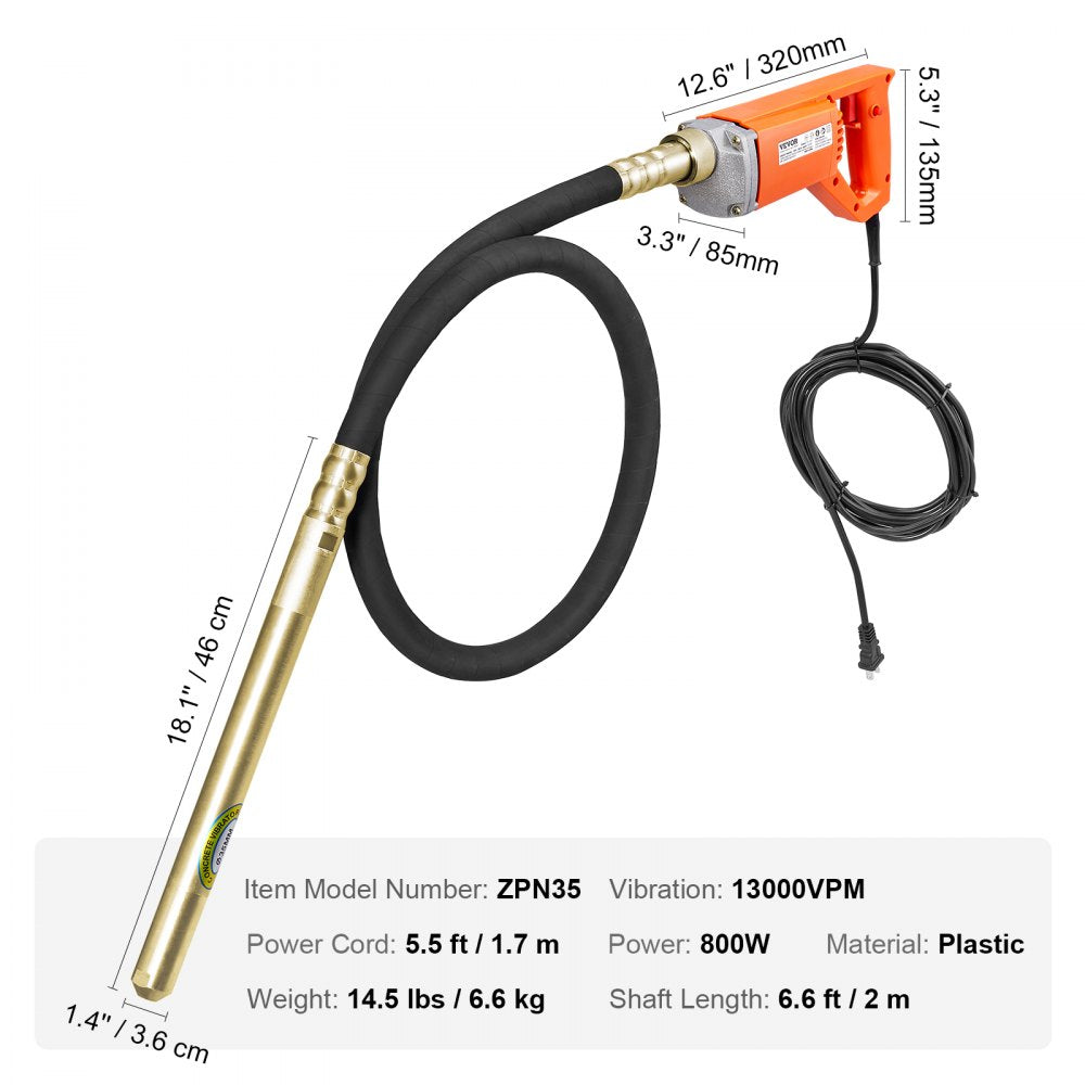 Bostome 800W electric concrete vibrator with a 6.6ft shaft and 1.81 inch vibrating head.