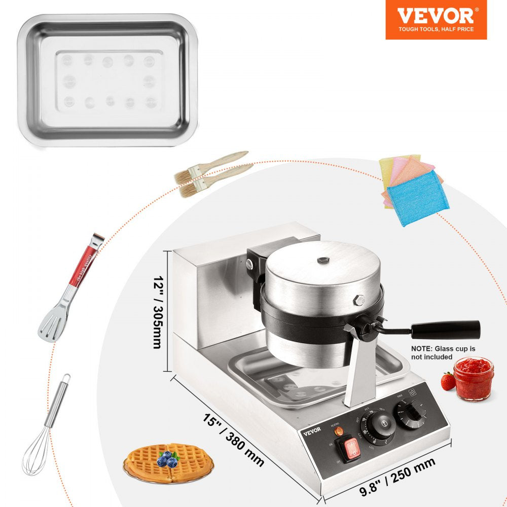 Commerical Round Waffle Maker 1300W Rotatable Non-Stick Waffle Iron 120V