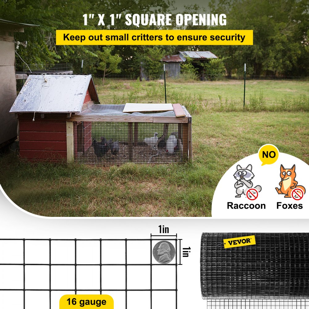 Hardware Cloth, 36" x 50` & 1"x1" Mesh Size, Galvanized Steel Vinyl Coated 16 Gauge Chicken Wire Fencing w/A Cutting Plier & A Pair of Fabric Gloves, for Garden Fencing & Pet Enclosures, Black