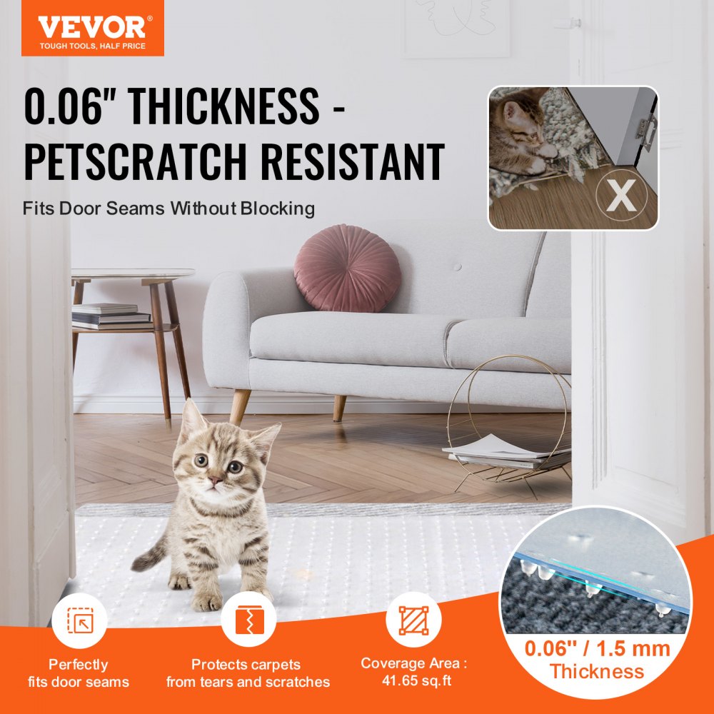 Transparent PVC cat carpet protector, 15 inches by 4 feet, 0.06-inch thick, with 3D texture for doorways.