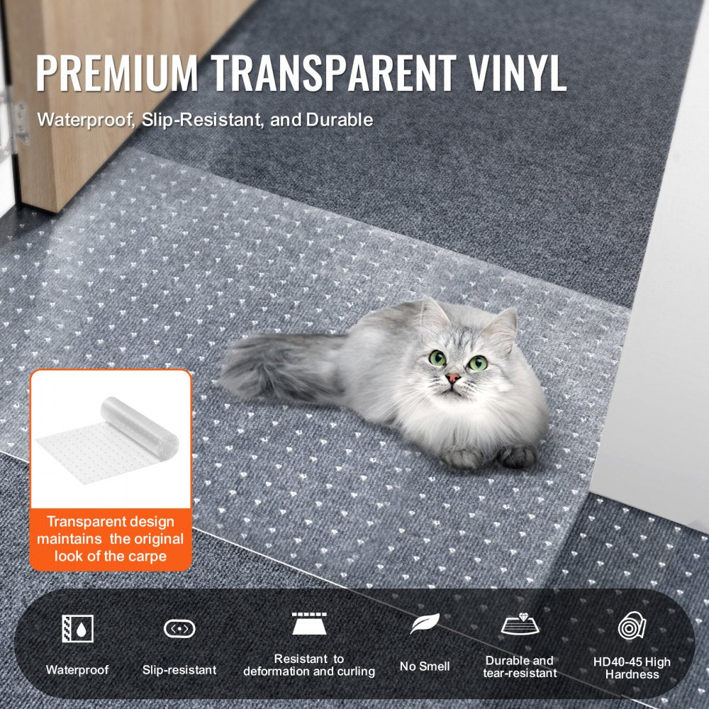 Transparent PVC cat carpet protector, 15" x 4', with a gray cat lounging on it.