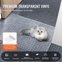 Transparent PVC cat carpet protector, 15" x 4', with a gray cat lounging on it.