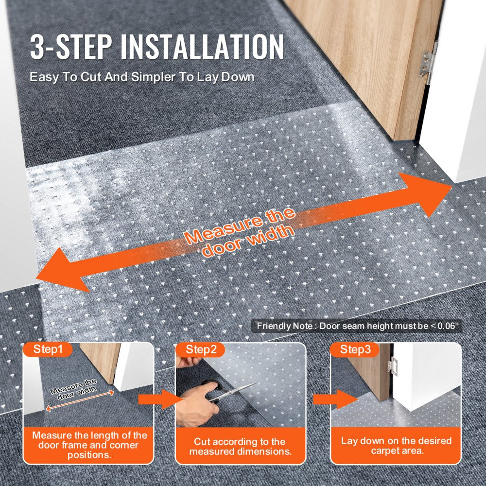 Diagram showing 3-step installation of 15" x 4' transparent PVC cat carpet protector for doorways, including measuring door width and laying the cut protector.