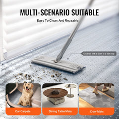 Transparent PVC carpet protector shown in use on car carpets, dining table mats, and door mats, easy to clean with a mop.