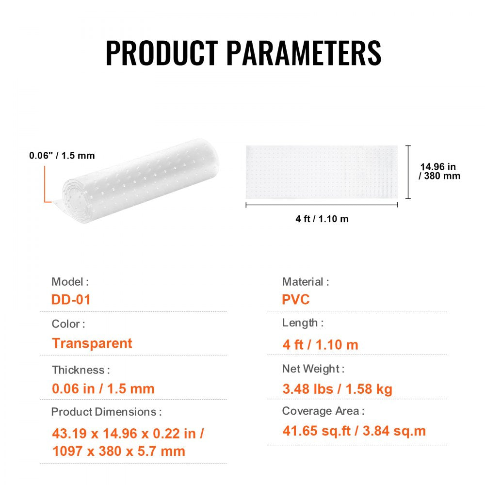 Transparent PVC carpet protector measuring 15 inches by 4 feet with dimensions and specs.