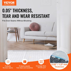 Transparent 24" x 25' PVC carpet protector with 0.05" thickness for doorways, shown fitting over carpet without blocking seams.