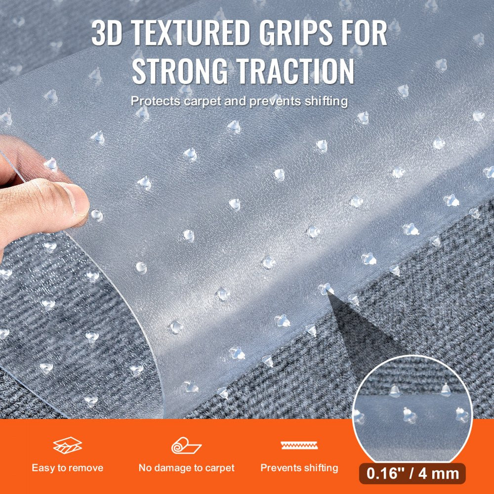 Transparent PVC carpet protector with 3D textured grips for strong traction on carpeted floors.