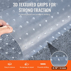 Transparent PVC carpet protector with 3D textured grips for strong traction on carpeted floors.