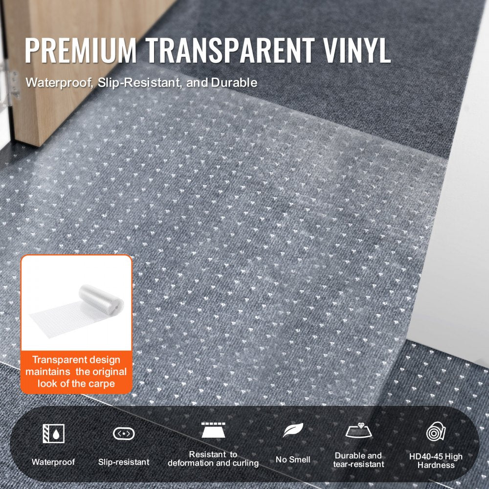 Transparent PVC carpet protector roll, 24 inches by 25 feet, with textured studs for grip.