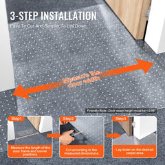 Diagram of 3-step installation for transparent PVC cat carpet protector, showing measuring door width and laying in doorway.