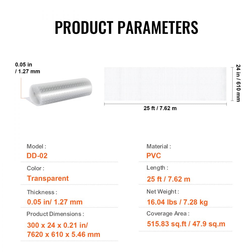 Transparent 24" x 25' PVC carpet protector with dimensions and specs shown.