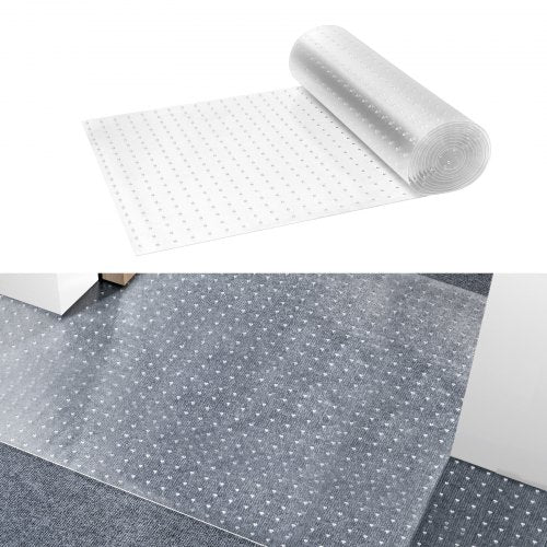 Transparent PVC carpet protector roll, 24" x 12', with textured underside, shown unrolled on carpet.