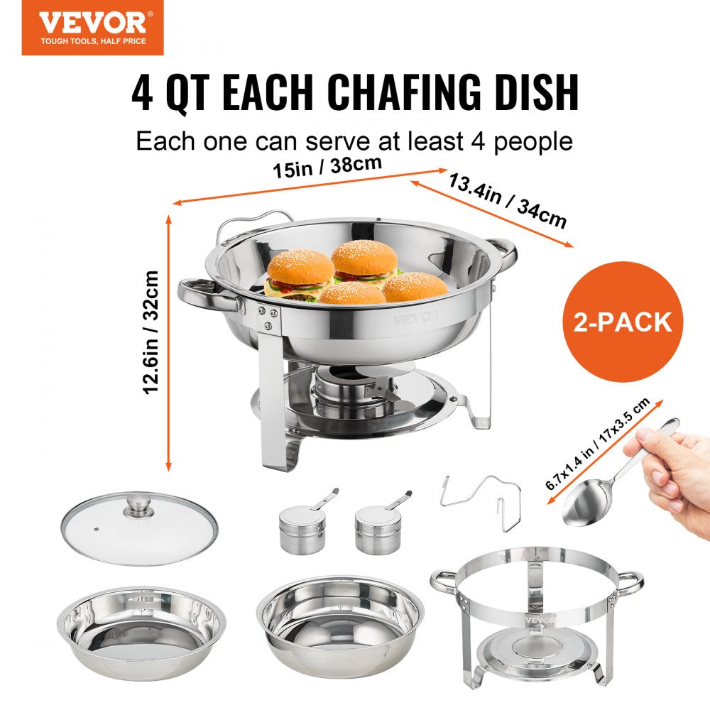 2-Pack Round Chafing Dish Set with Full-Size 4Qt Pan Glass Lid Fuel Holder