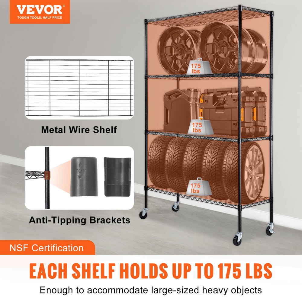 Storage Shelving Unit with Wheels, 4-Tier Adjustable, 700 lbs Capacity, Heavy Duty Garage Shelves Metal Organizer Wire Rack, Black, 47.2" L x 17.7" W x 74" H for Kitchen Pantry Basement Bathroom