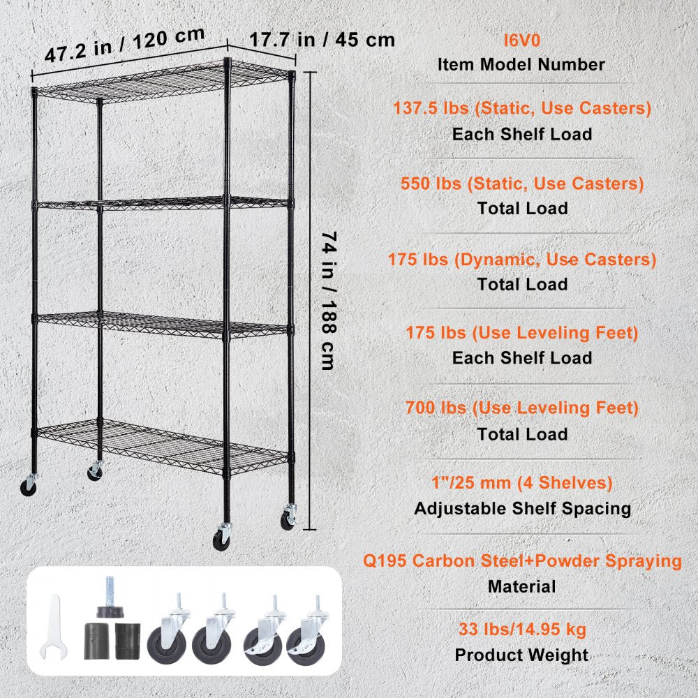 Storage Shelving Unit with Wheels, 4-Tier Adjustable, 700 lbs Capacity, Heavy Duty Garage Shelves Metal Organizer Wire Rack, Black, 47.2" L x 17.7" W x 74" H for Kitchen Pantry Basement Bathroom