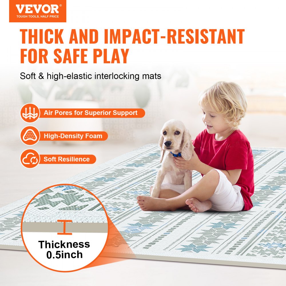 Colorful interlocking foam tiles create a soft play area for kids, featuring edge protectors.