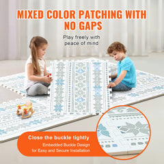 Colorful interlocking foam tiles create a soft play area for kids, featuring edge protectors.
