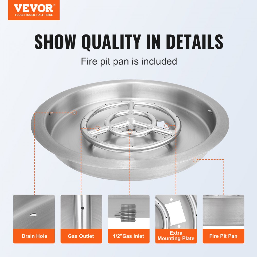 19 inch Round Drop-in Fire Pit Pan, Stainless Steel Fire Pit Burner, Natural & Propane Gas Fire Pan 92,000 BTU with Lid, for Indoor or Outdoor Use